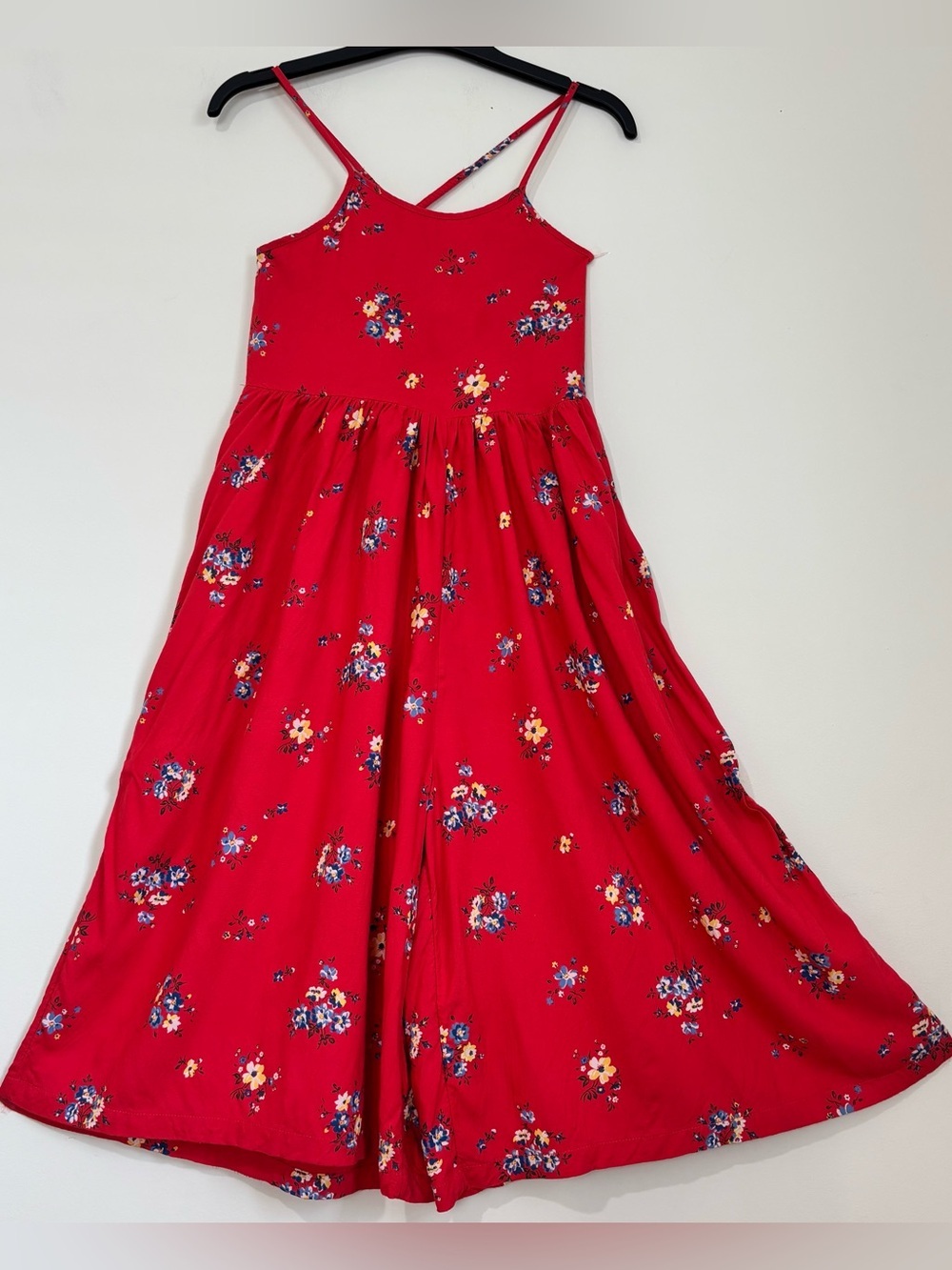 Nordstrom Girls M 8/10 red floral sleeveless smocked back wide leg jumpsuit